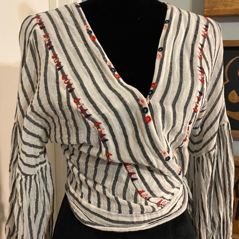 Altar'd State Wrap Stripe Embroidered Boho Blouse - Picture 6 of 7